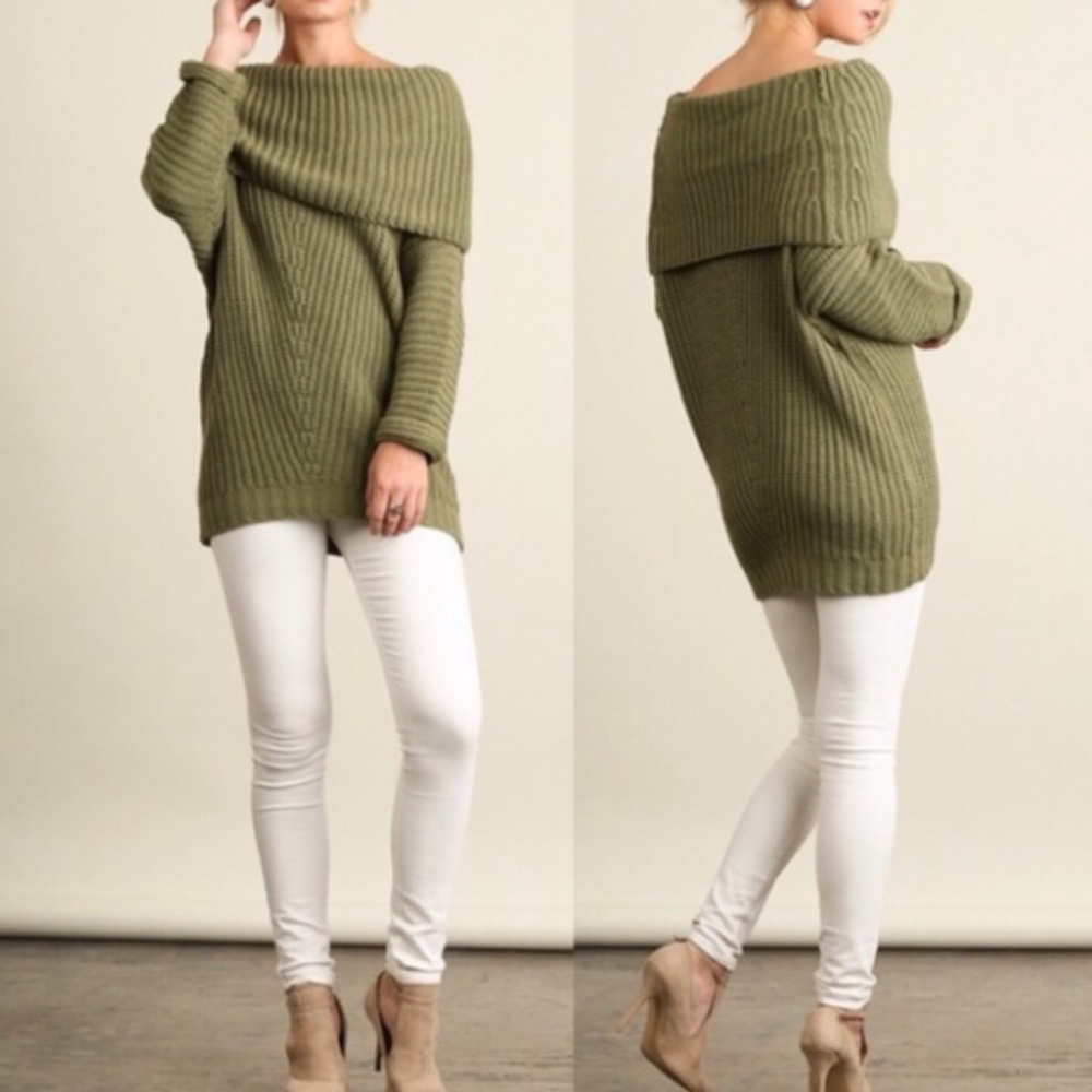 Umgee Chunky Knit Army Green Off‎ Shoulder or Cowl Neck Sweater Sz Small
